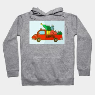 Xmas greeting card with red Santa truck, presents and Christmas tree Hoodie